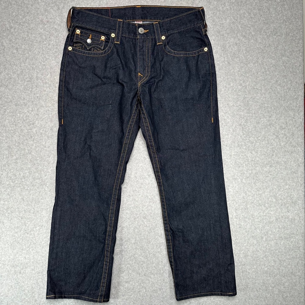 True Religion Brand Ricky Jeans Mens Size 34 Straight Flap Dark‎ Wash Denim
